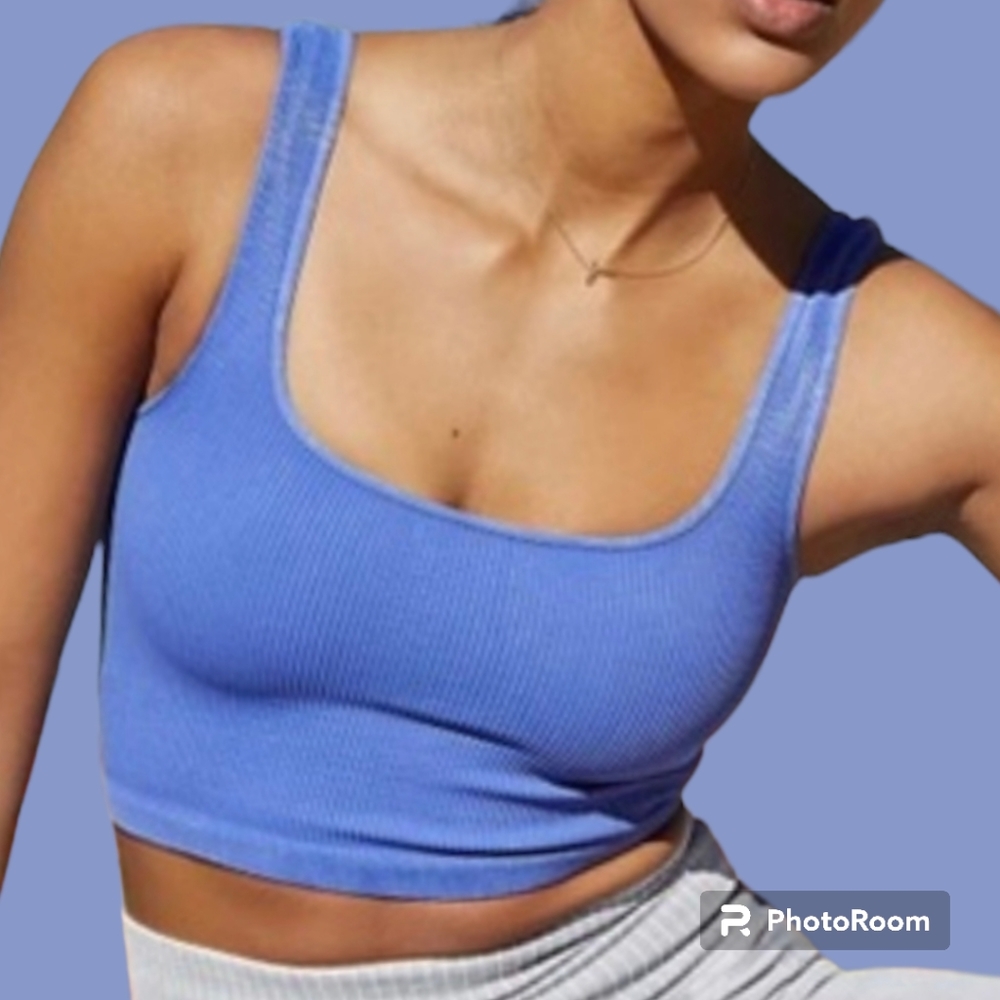 Free People Happiness Runs Square Neck Tank Crop Top Size XS Blue Ribbed